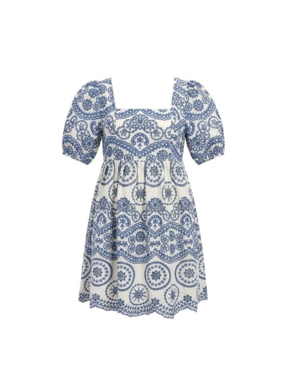 Sundayup Women White & Blue Embroidered Cotton Dress Square Neck Size L